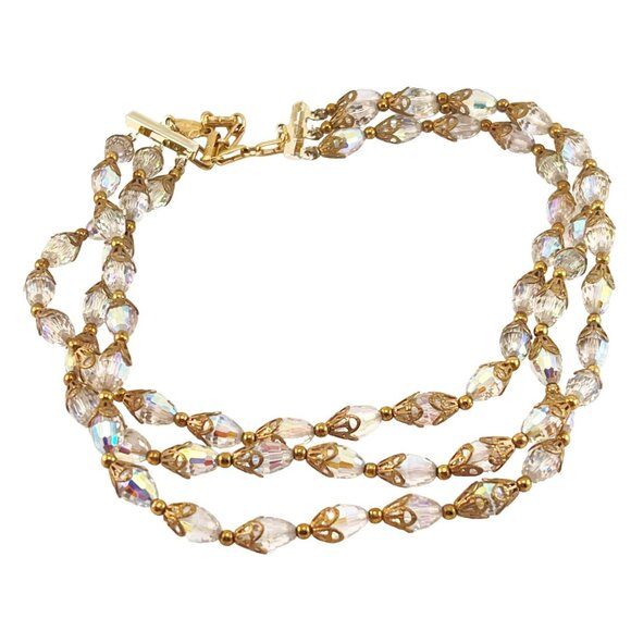 Aurora Borealis Three Strand Vintage Faceted Crystal Necklace Mid Century Vintag - Picture 3 of 6